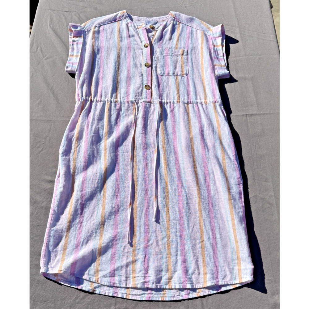 Time and Tru S Linen Blend Shirt Dress Pastel Striped Round Neck Beach Coverup